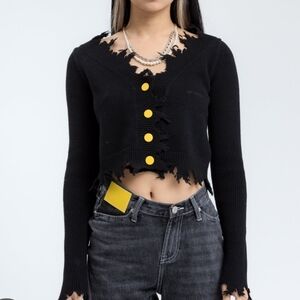 NWOT Ann Andelman Virgin Wool Destroyed Black Cropped Cardigan